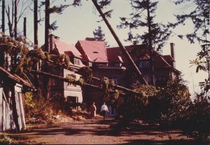 The 1962 Columbus Day Storm toppled giant Douglas Fir trees across the Pittock Mansion estate