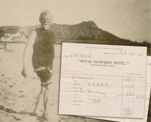 Photo of Henry Pittock on Waikiki Beach and bills from his stay at the Royal Hawaiian Hotel